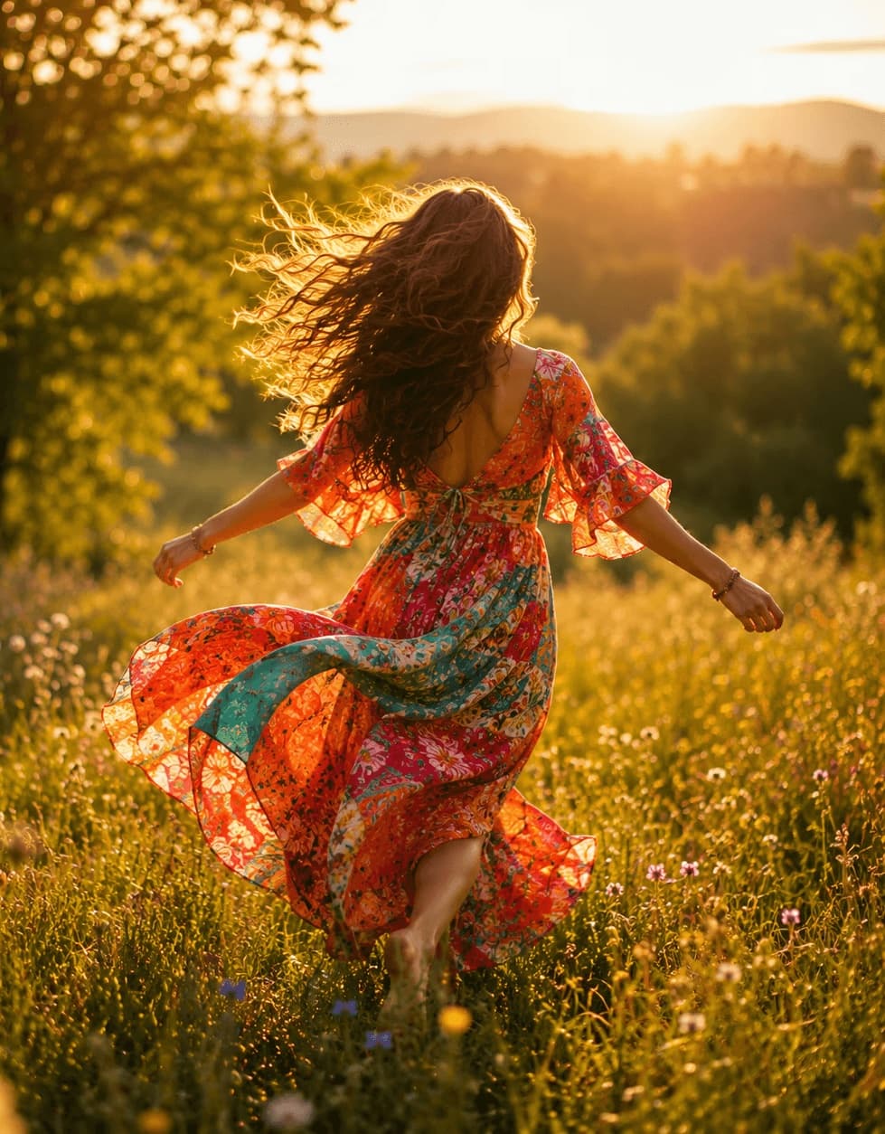 Donna con un abito leggero che cammina in un prato fiorito al tramonto